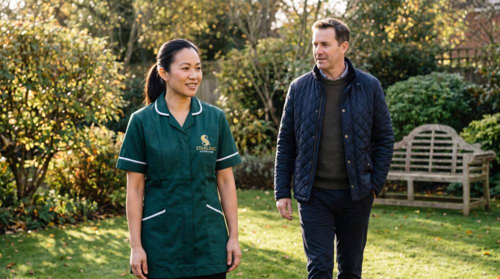 Starling Homecare carer walking in the garden with a man in his forties recovering from a brain injury in Hertfordshire