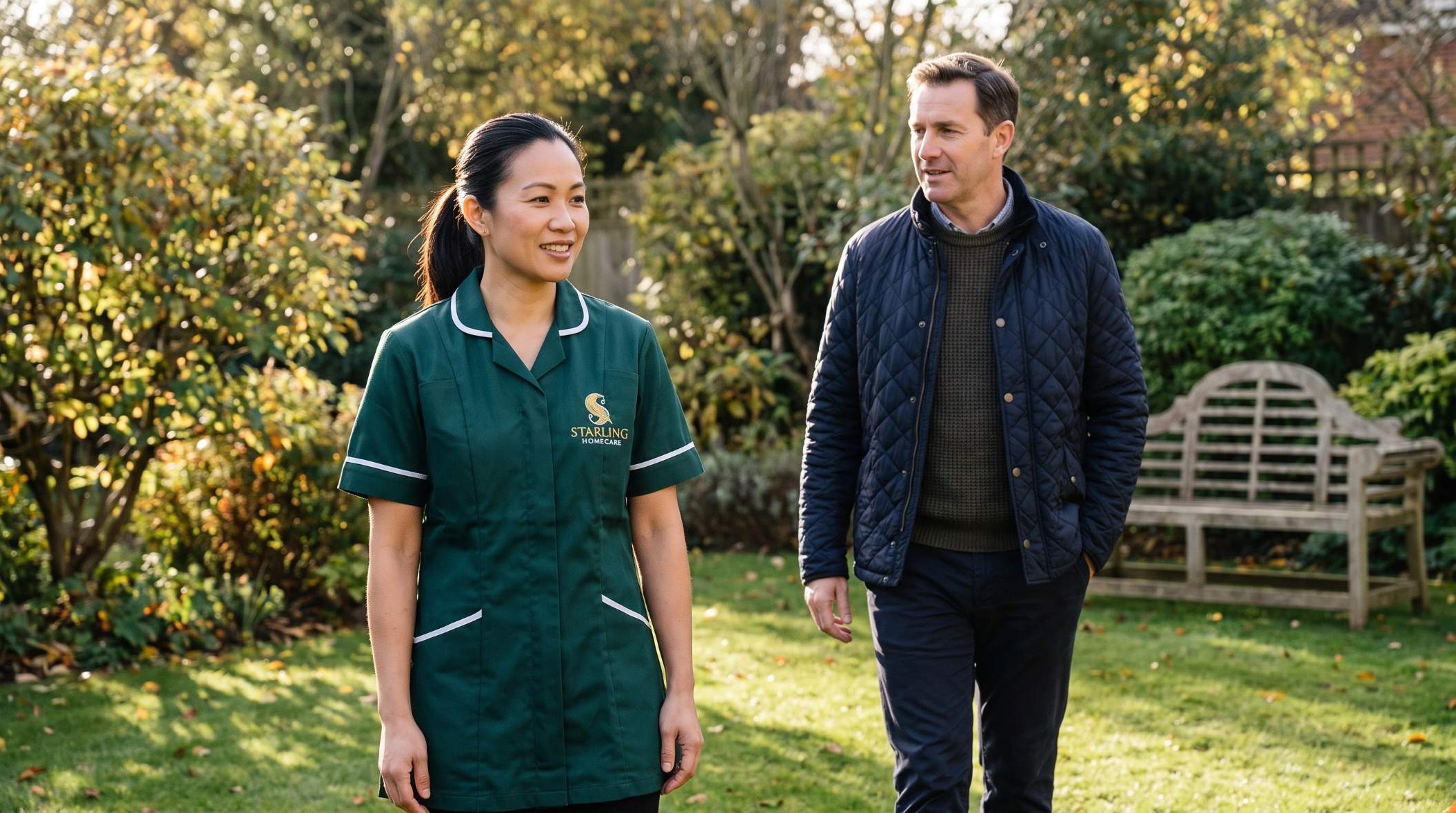 Home care for case managers in Hertfordshire: a Starling Homecare carer walking in the garden with a client recovering from a brain injury