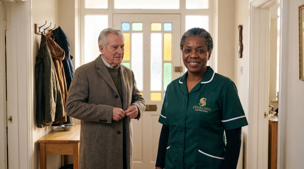 Starling Homecare carer waiting in the hallway with an older man putting on his coat before setting off to a hospital appointment in Welwyn Hatfield