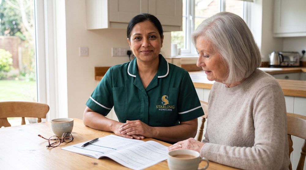 Starling Homecare carer and an older woman at a kitchen table in Hertfordshire, going through the Attendance Allowance criteria on the claim form.