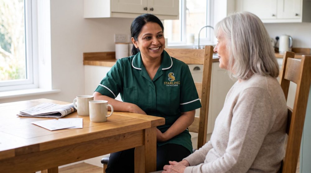Starling Homecare carer sitting at a kitchen table with an older woman in St Albans, talking through paperwork over a cup of tea