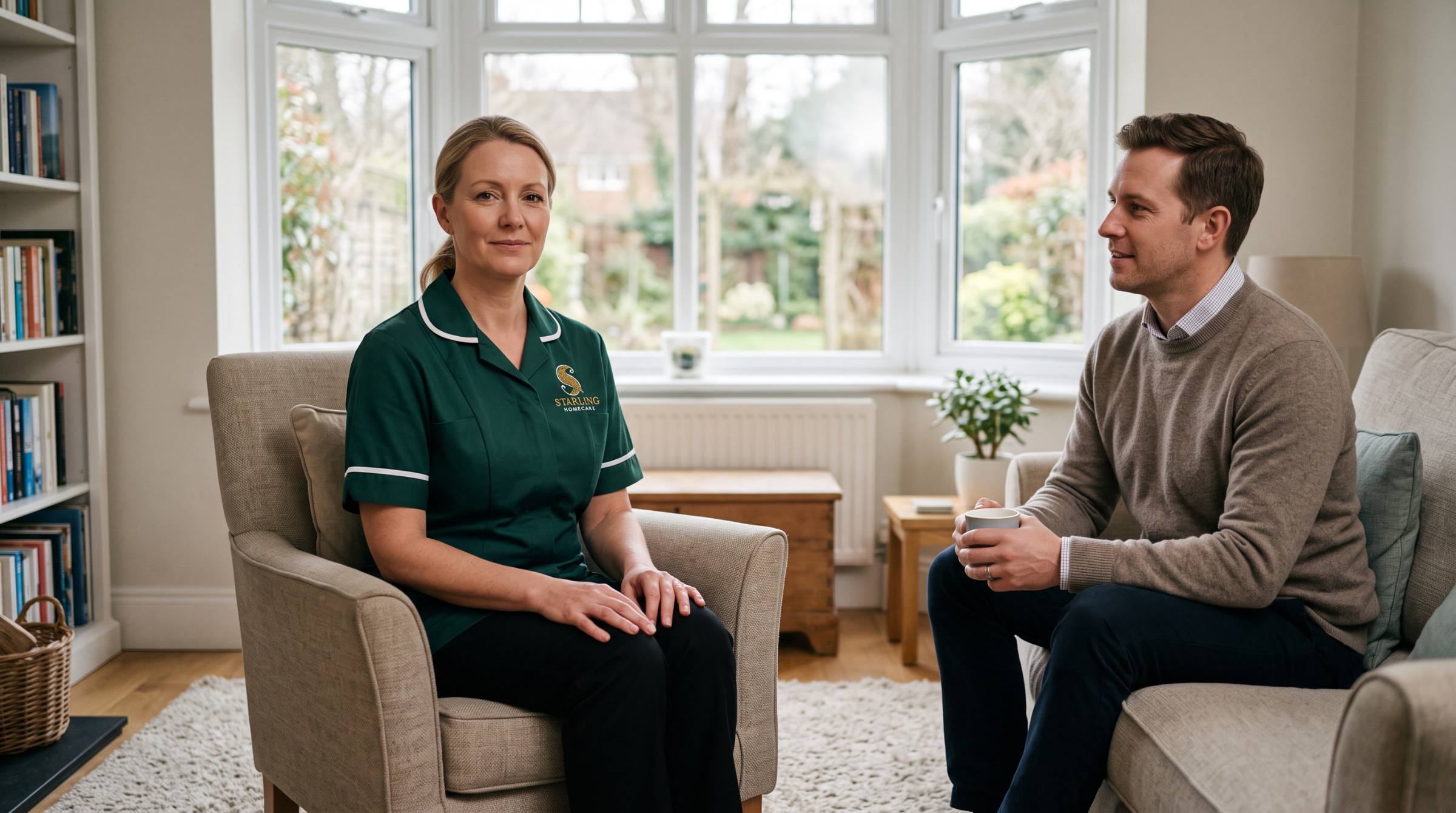Professional referral to Starling Homecare: a carer sitting and listening with a client recovering from a brain injury in Hertfordshire