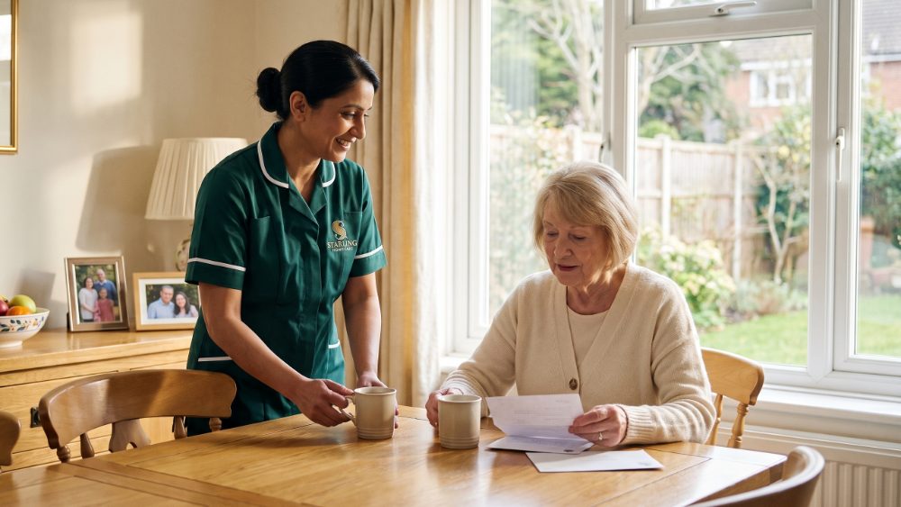 A Starling Homecare carer bringing a cup of tea to a well-presented older woman reading a Carer's Allowance letter at her kitchen table during a home care visit in Hertfordshire