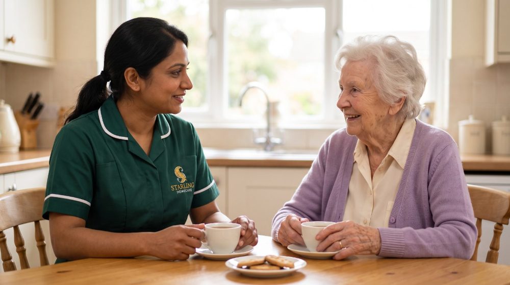 companionship-care-radlett-shenley-hertfordshire-1 Companionship care in Radlett: a Starling Homecare carer sharing tea and conversation with an older woman at home.