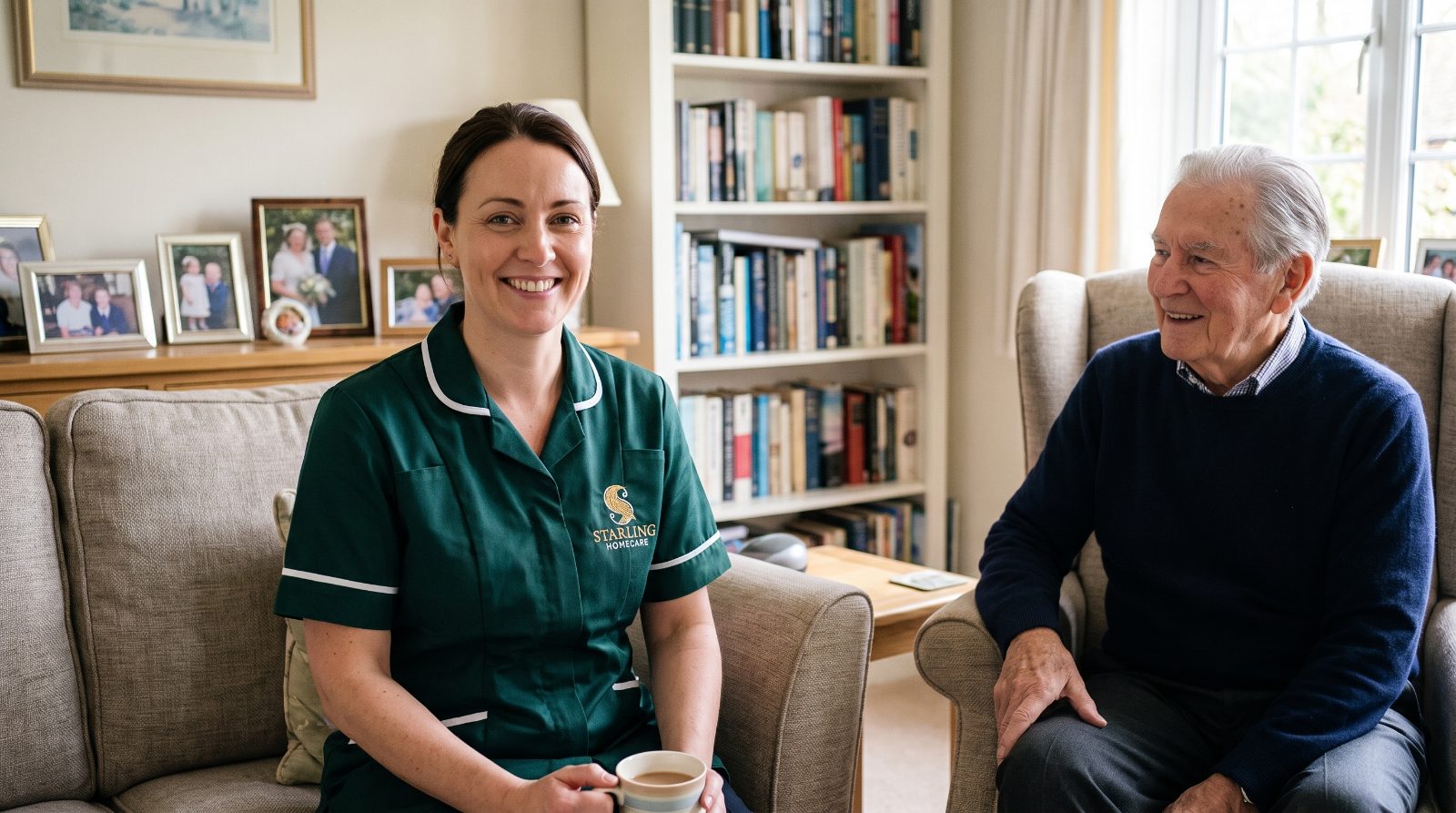 companionship care redbourn hertfordshire Companionship care in Redbourn: a carer sharing tea and conversation with an older man in his living room, Starling Homecare