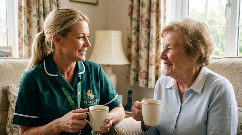 companionship-care-tring-hertfordshire-starling-homecare A Starling Homecare carer sharing tea with an older woman during a companionship visit at home in Tring.