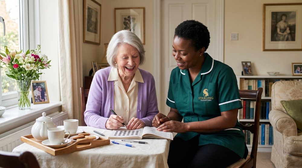 A Starling Homecare carer sharing a crossword and a laugh with an older lady during a companionship care visit at home in Welwyn Garden City