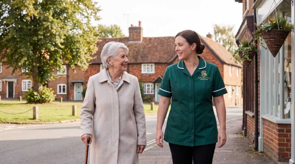 Starling Homecare carer walking with an older woman along a village high street in Welwyn, Hertfordshire
