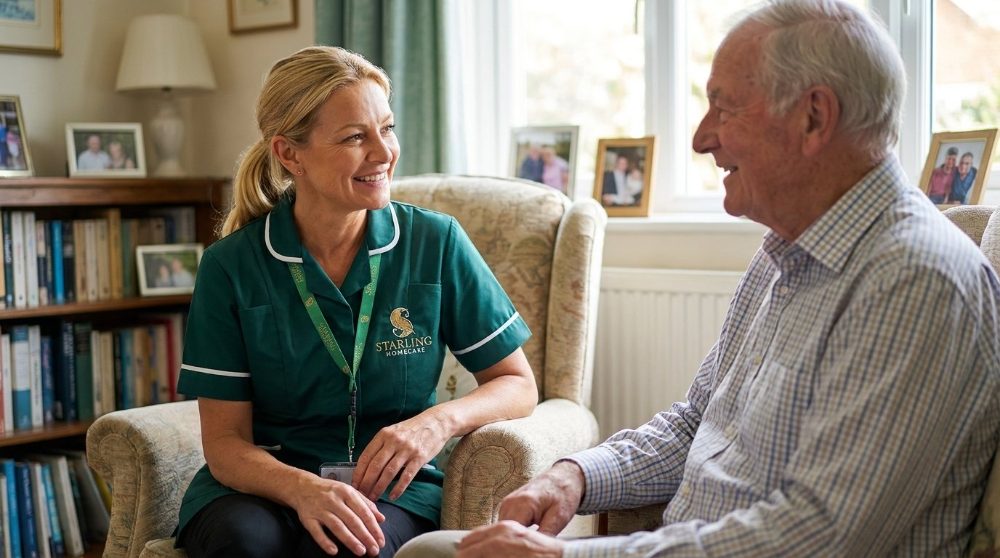 continuity-of-care-at-home-berkhamsted-starling-homecare A Starling Homecare carer and an older man in easy conversation during a home care visit in Berkhamsted, the same familiar carer who visits regularly.