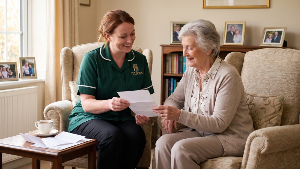 A Starling Homecare carer sitting with a well-presented older woman in her living room, looking at a council tax letter together, during a home care visit in Hertfordshire