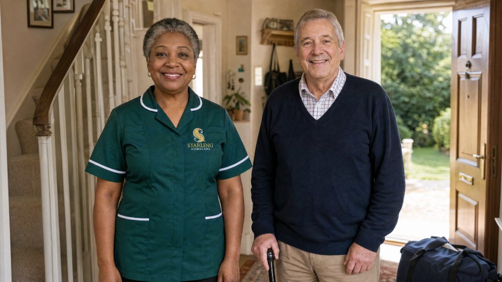 Coming home after Danesbury Neurological Centre: a Starling Homecare carer with a man in his hallway