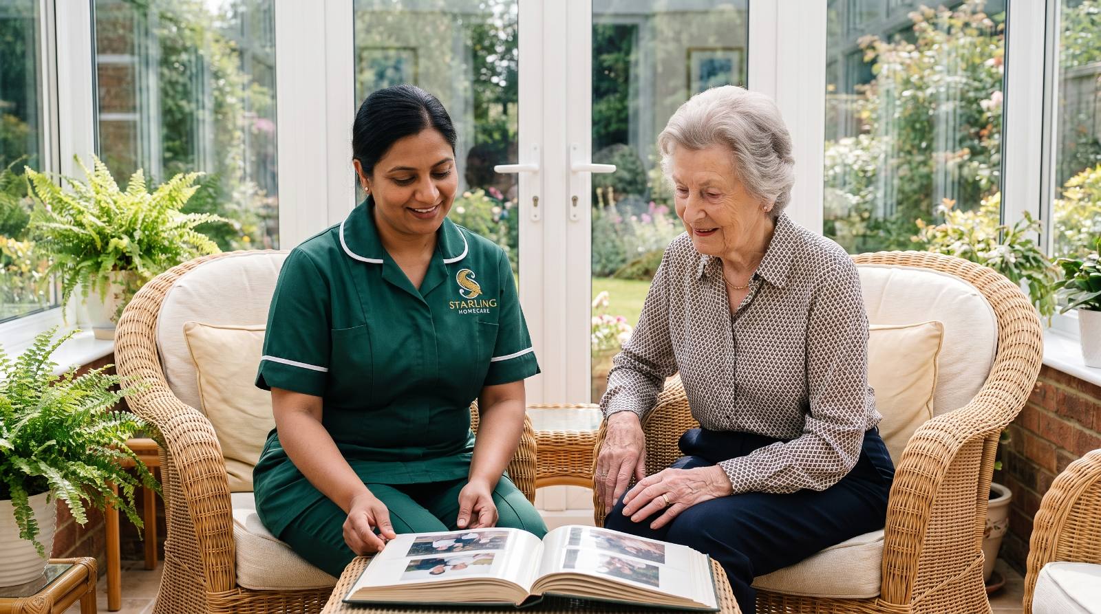 Dementia care at home in Brookmans Park: a carer and an older woman looking through a photograph album in a garden room, Starling Homecare