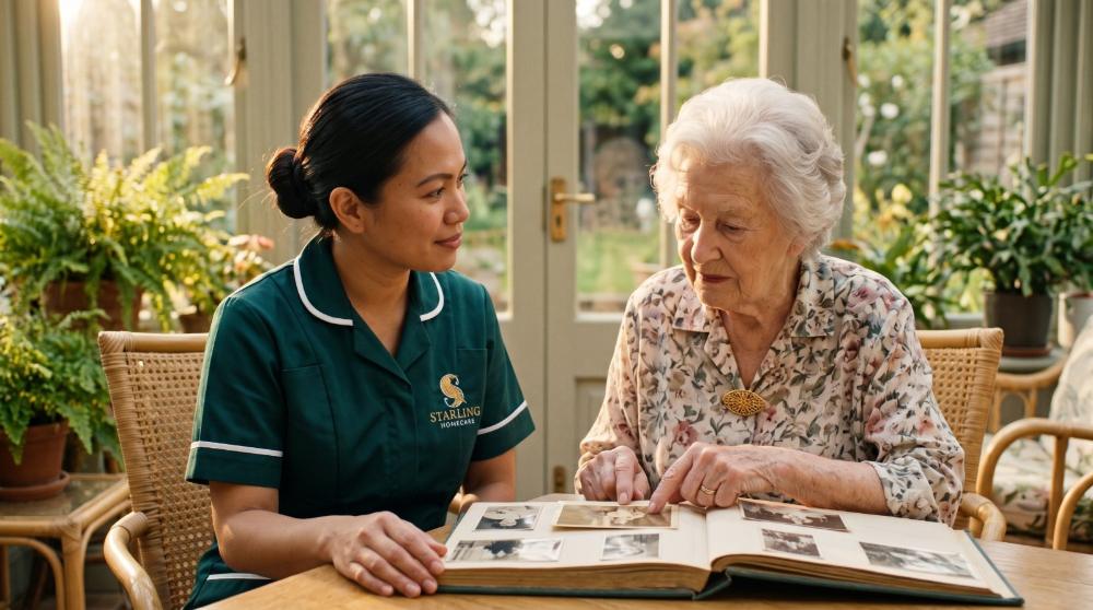 Starling Homecare carer looking through a family photograph album with an older woman during dementia care at home in Hatfield