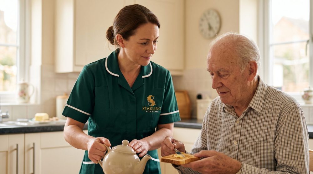 dementia-care-at-home-hertford-hertfordshire Dementia care at home in Hertford: a Starling Homecare carer helping an older man prepare breakfast in the kitchen.