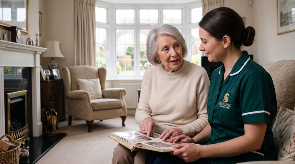 dementia-care-at-home-hitchin-hertfordshire-starling-homecare A Starling Homecare carer looking through a photo album with an older woman during dementia care at home in Hitchin.