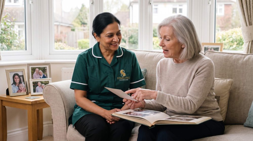 Starling Homecare carer looking through a photograph album with an older woman in a village sitting room in Welwyn, Hertfordshire