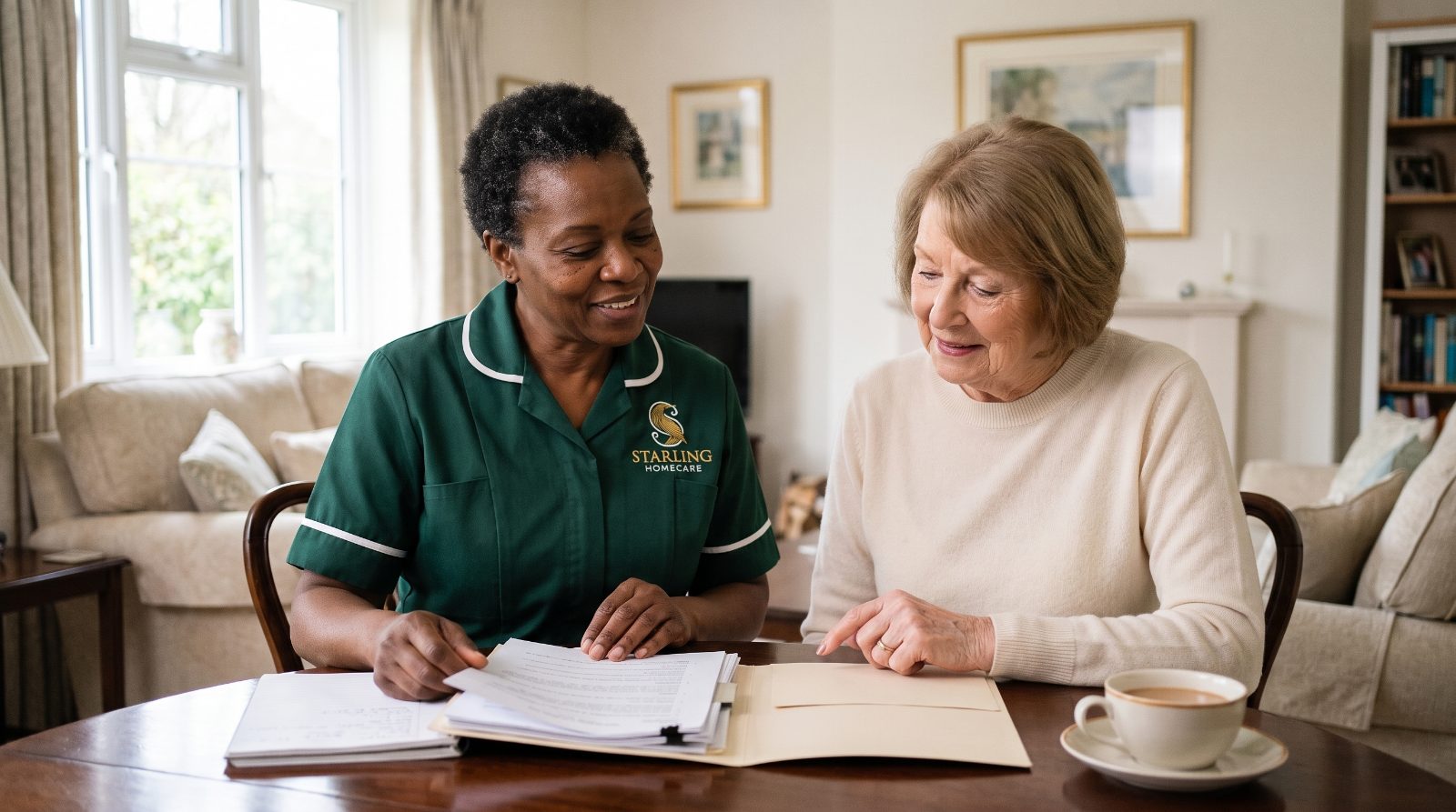 Deputyship in Harpenden: a carer and an older woman going through paperwork together at a dining table, Starling Homecare