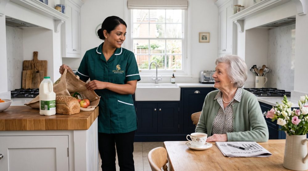 domestic-support-at-home-st-albans-hertfordshire A Starling Homecare carer providing domestic support in St Albans, unpacking the weekly shopping in a bright kitchen while an older woman enjoys a cup of tea.