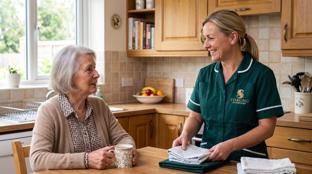 A Starling Homecare carer folding laundry in the kitchen while chatting with an older woman client during a domestic support visit in Hemel Hempstead.