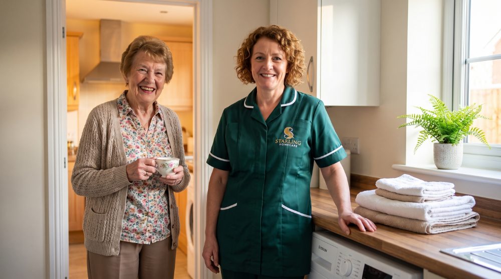 Domestic support in Hertford: a Starling Homecare carer with an older woman beside freshly folded laundry