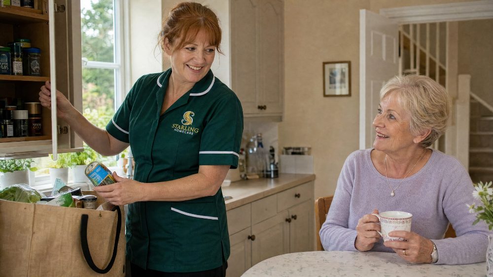 Starling Homecare carer helping unpack shopping in a Potters Bar kitchen while the client enjoys a cup of tea, domestic support in Potters Bar