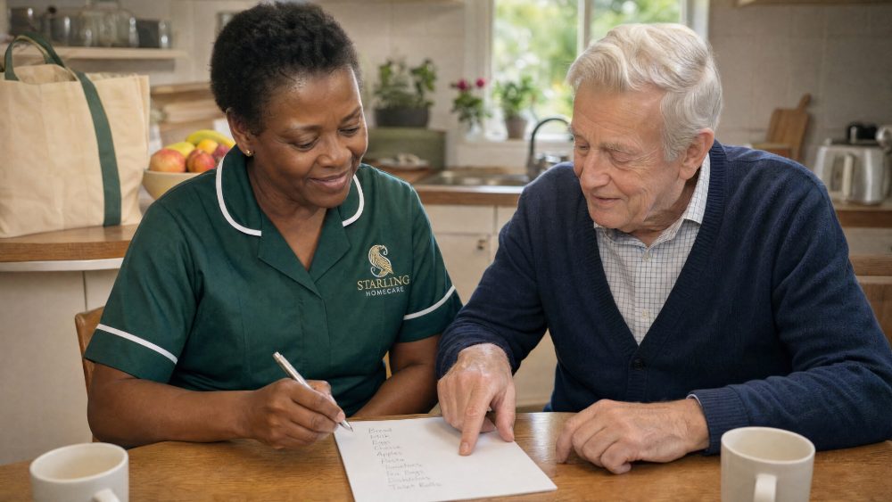Carer from our Radlett and Shenley team writing a shopping list with an older man at his kitchen table, an example of domestic support in Shenley