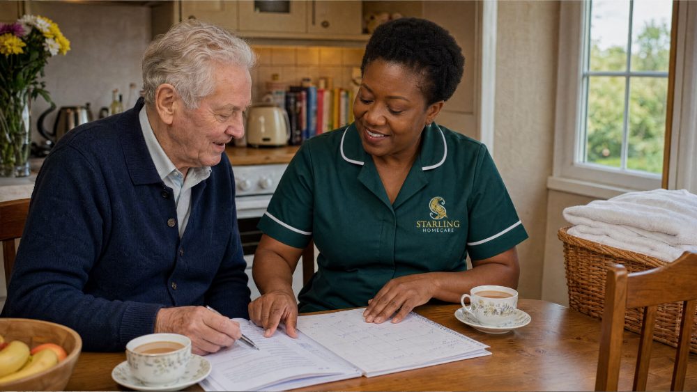 A Starling Homecare carer and an older man looking through a weekly plan together at a kitchen table, with fresh bedlinen ready, for domestic support in Tring.