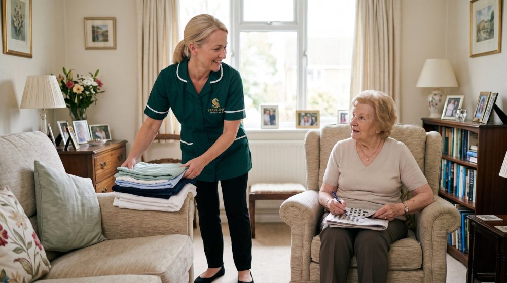 domiciliary-care-hertfordshire-starling-homecare-1 A Starling Homecare carer folding laundry and chatting with an older woman at home during a domiciliary care visit in Hertfordshire
