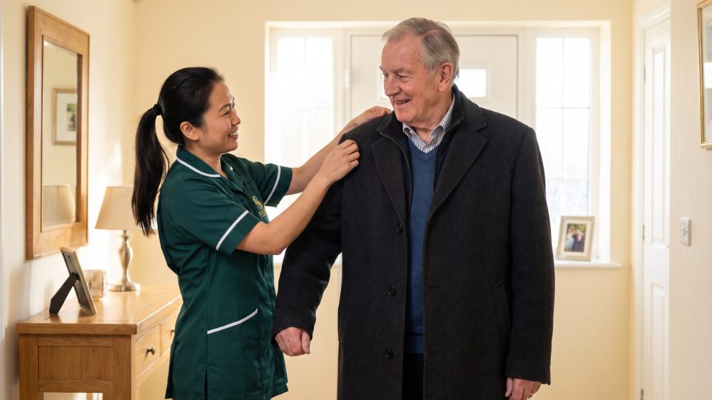 A Starling Homecare carer helping a well-presented older man into his coat in the hallway, ready to go out to an appointment, during a home care visit in Hertfordshire
