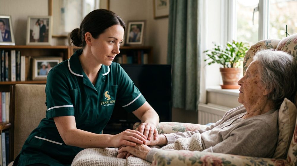end-of-life-care-at-home-berkhamsted-hertfordshire A Starling Homecare carer sitting with an older person during end of life care at home in Berkhamsted, holding their hand in a calm, gentle moment.