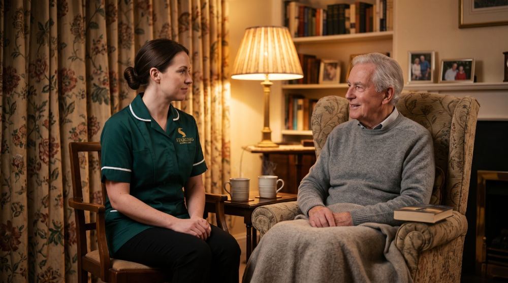 end-of-life-care-at-home-hertford-starling-homecare A Starling Homecare carer sitting quietly with an older man by lamplight during end of life care at home in Hertford.