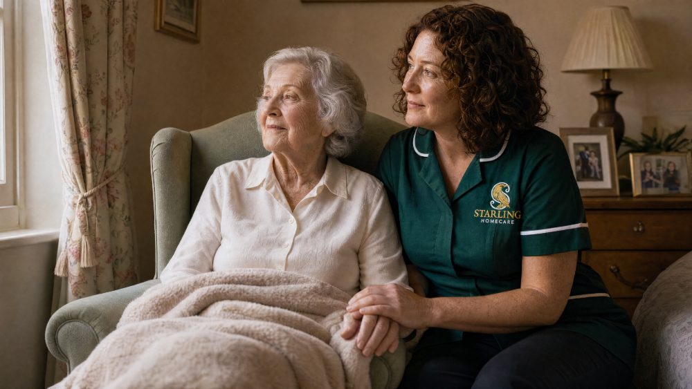 Carer from our Potters Bar team sitting beside an older woman by a window, an example of end of life care at home in Potters Bar