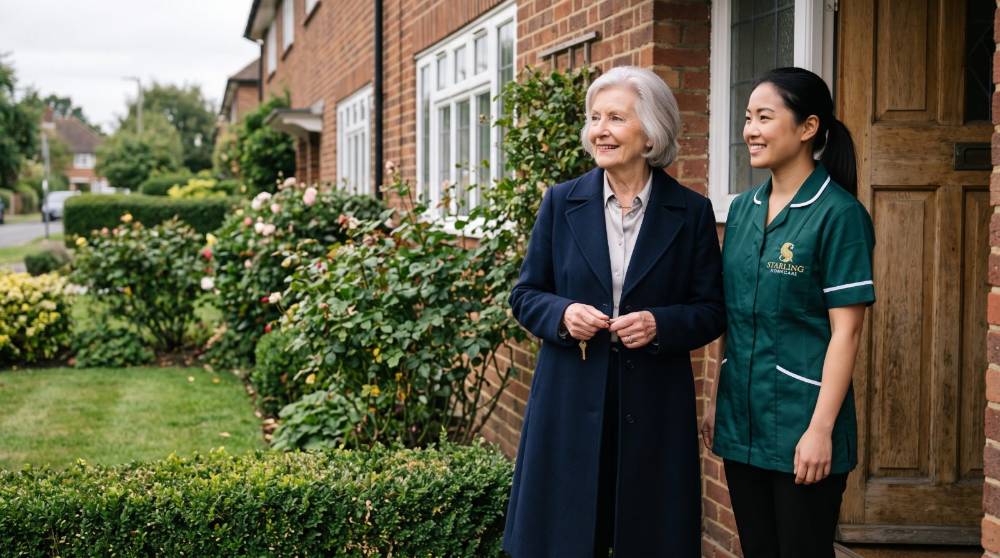 extra-care-housing-in-welwyn-garden-city-starling-homecare An older woman and her Starling Homecare carer outside her own front door, weighing extra care housing in Welwyn Garden City against staying at home.