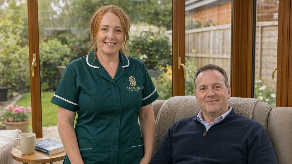 FND respite care: a Starling Homecare carer with a man relaxing in his conservatory
