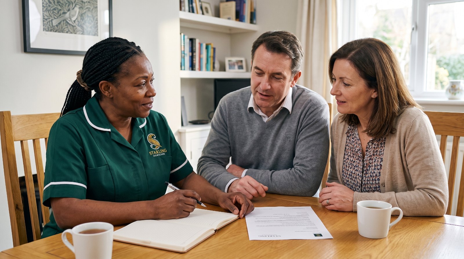 A Starling Homecare carer going through appointment letters at the kitchen table with a couple, working out FND support in Hertfordshire