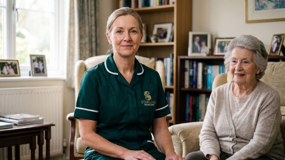 A Starling Homecare carer sitting with a well-presented older woman in a calm living room, a reassuring home care visit for someone living with FND in Hertfordshire