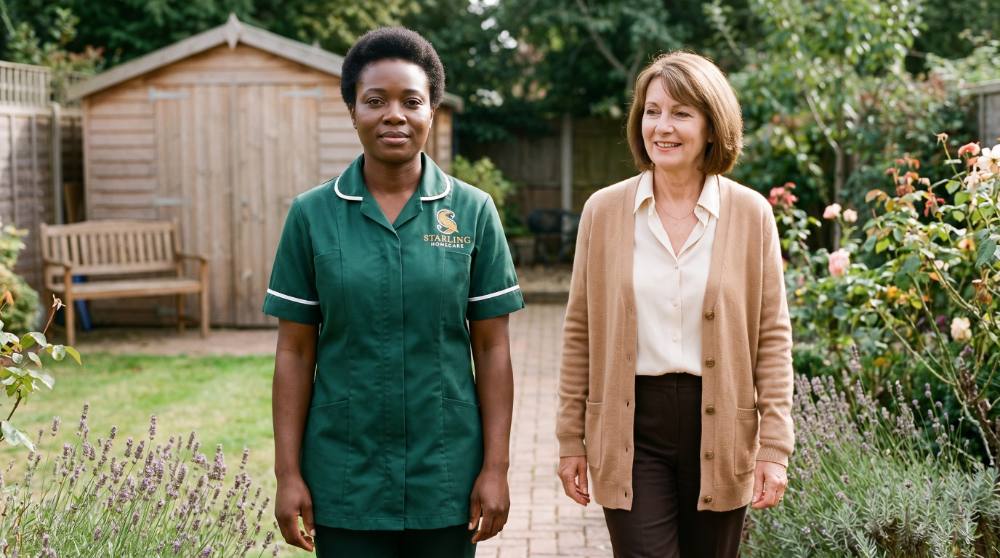 A Starling Homecare carer walking alongside a woman in her garden during FND treatment at home in Hertfordshire, the carer close but not supporting her