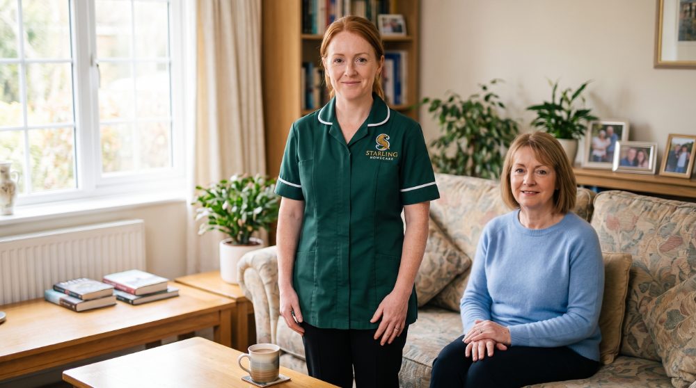 Functional tremor support at home: a Starling Homecare carer with a woman in her sitting room