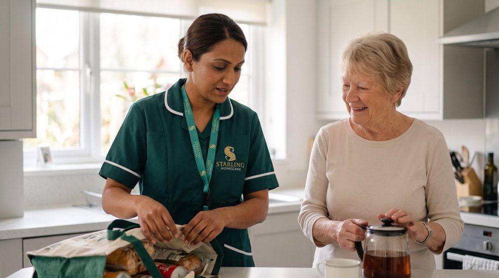 help-at-home-hitchin-hertfordshire-1 A Starling Homecare carer unpacking shopping with an older woman in her bright kitchen during a help at home visit in Hitchin