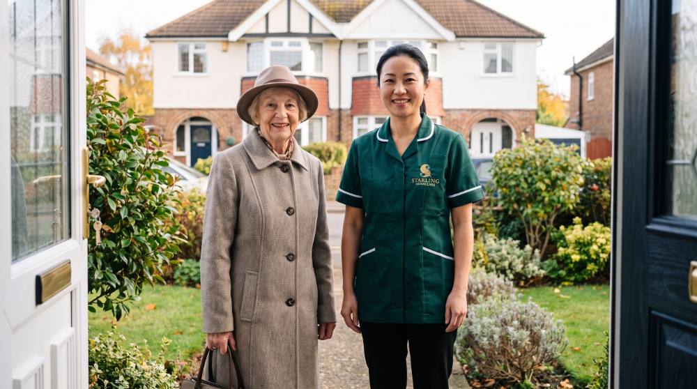 Help at home in Potters Bar: a Starling Homecare carer at the front door with an older woman ready to go out for lunch