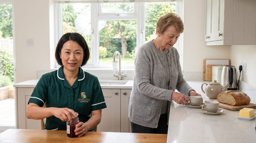 A Starling Homecare carer helping someone with arthritis at home by opening a jar while she sets out cups in her own Hertfordshire kitchen