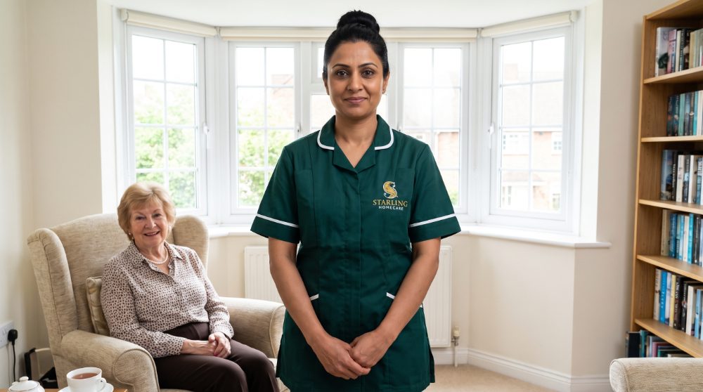 A Starling Homecare carer standing in the bay-windowed sitting room of a garden city house in Welwyn Garden City, with the client seated comfortably nearby