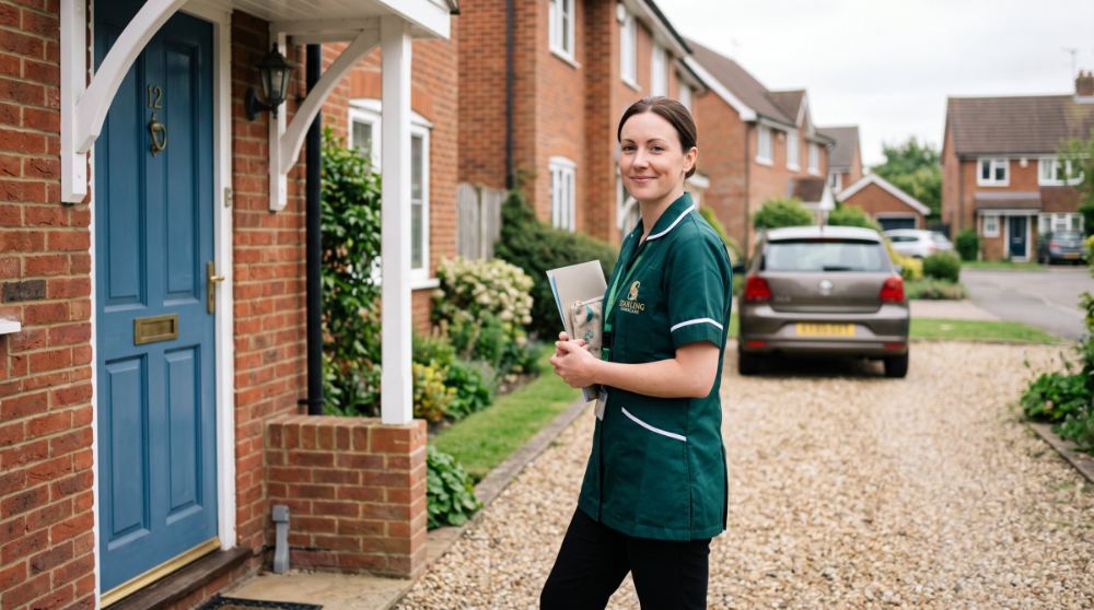 home-care-after-hospital-harpenden-carer-arriving-starling-homecare A Starling Homecare carer arriving at the front door of a home in Harpenden to help someone settle back in safely after a hospital stay