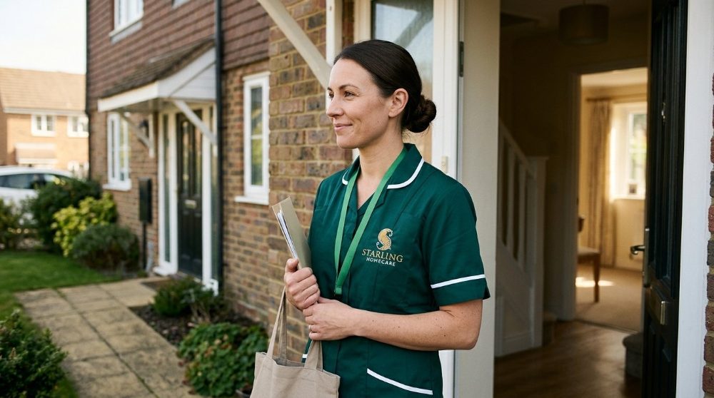 home-care-after-hospital-hertford-3 A Starling Homecare carer arriving at the front door with a folder and care bag for a home care visit after hospital in Hertford