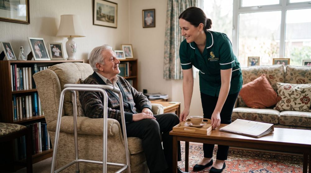 home-care-after-hospital-hertfordshire-starling-homecare-1 A Starling Homecare carer brings a cup of tea to an older man in his armchair, care at home after a hospital stay in Hertfordshire