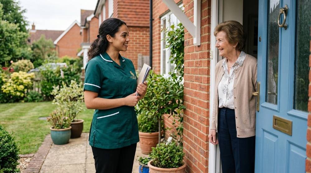 home-care-agency-hitchin-starling-homecare A Starling carer arriving for a first visit at an older woman's front door, Starling Homecare Hitchin