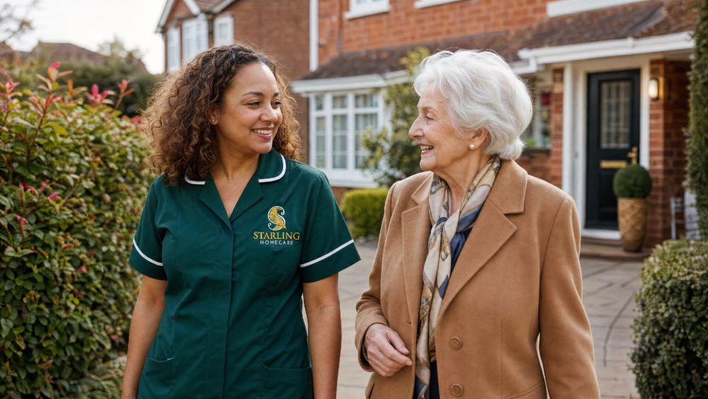 Carer from our Hitchin team walking with an older woman to her front door, an example of home care in Benslow