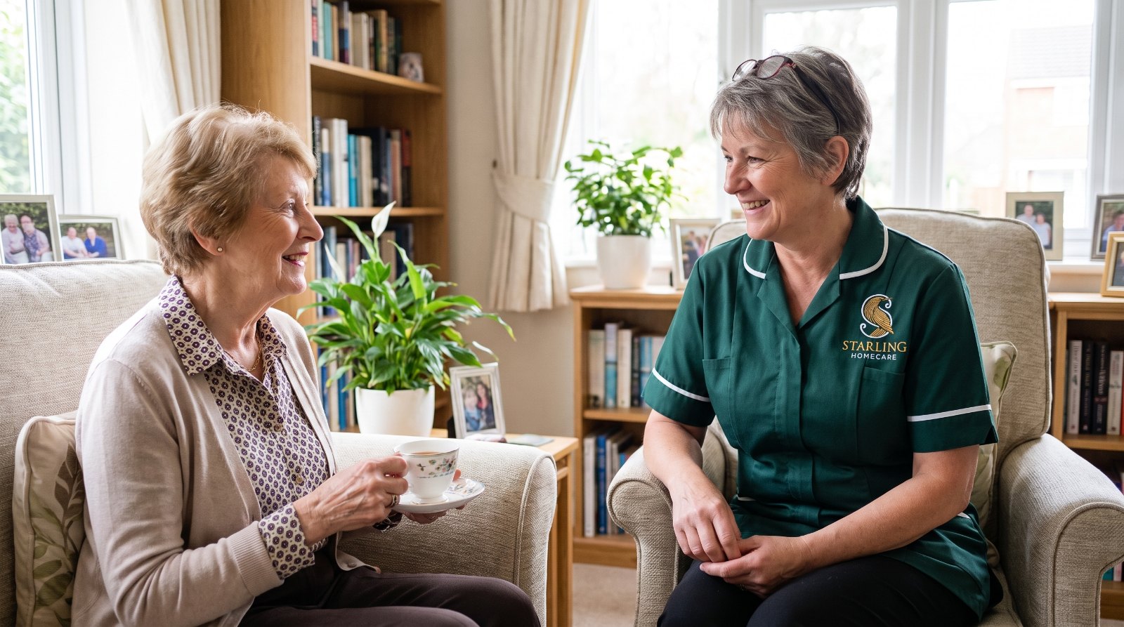 Home care in Brookmans Park and Welham Green A Starling Homecare carer sitting with an older woman over tea in her village sitting room, home care in Brookmans Park