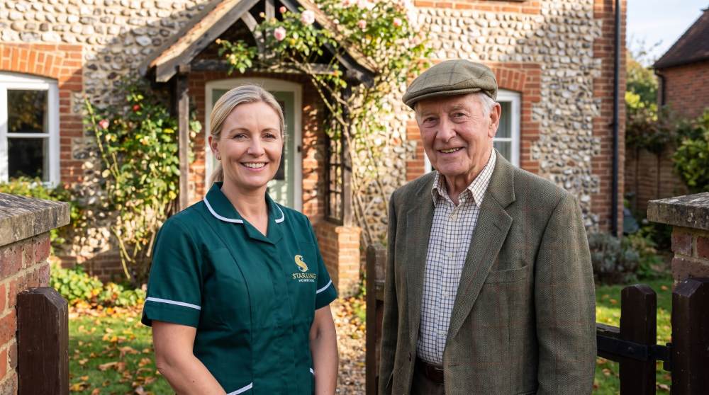Home care in Ickleford: a Starling Homecare carer with an older man at a village cottage gate
