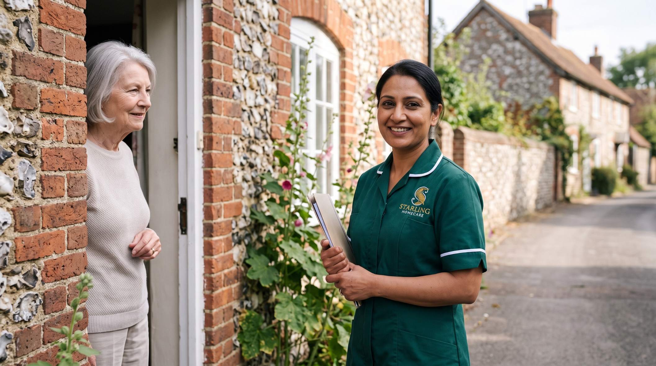 Starling Homecare carer arriving at a village cottage doorstep in Redbourn, Hertfordshire